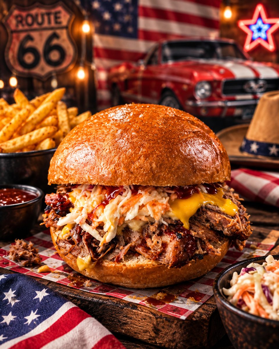 Burger effiloché et coleslaw, ambiance Route 66